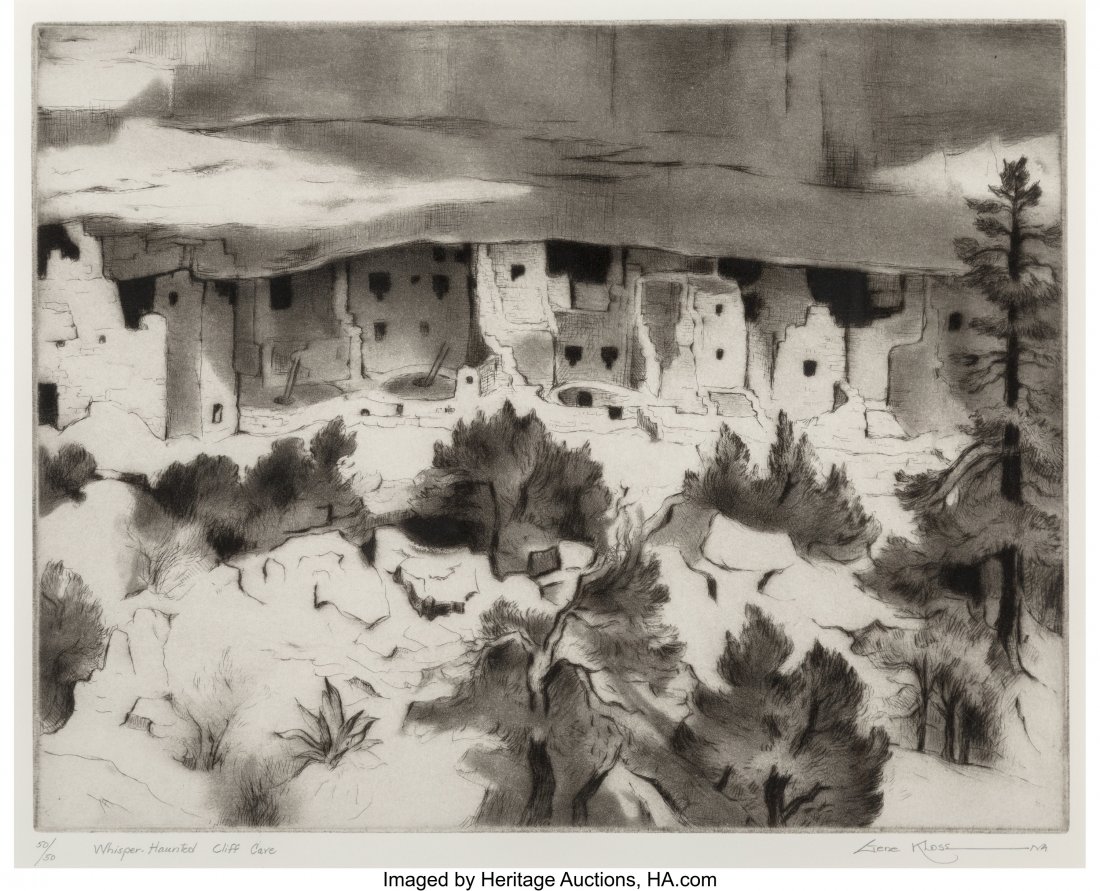 Gene Kloss (American, 1903-1996) Whisper-Haunted: Gene Kloss (American, 1903-1996) Whisper-Haunted Cliff Cave, 1973 Etching on paper 10-3/4 x 13-3/4 inches (27.3 x 34.9 cm) (image) Ed. 50/50 Signed, numbered, and titled in pencil in lower margin HID0