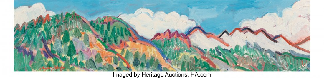 Inger Jirby (American, b. 1947) Peak of Taos Ski: Inger Jirby (American, b. 1947) Peak of Taos Ski Valley, 2002 Oil on canvas 10 x 40 inches (25.4 x 101.6 cm) Signed lower left: Inger Jirby Signed, dated, and titled on the reverse: Inger Jirby / Peak