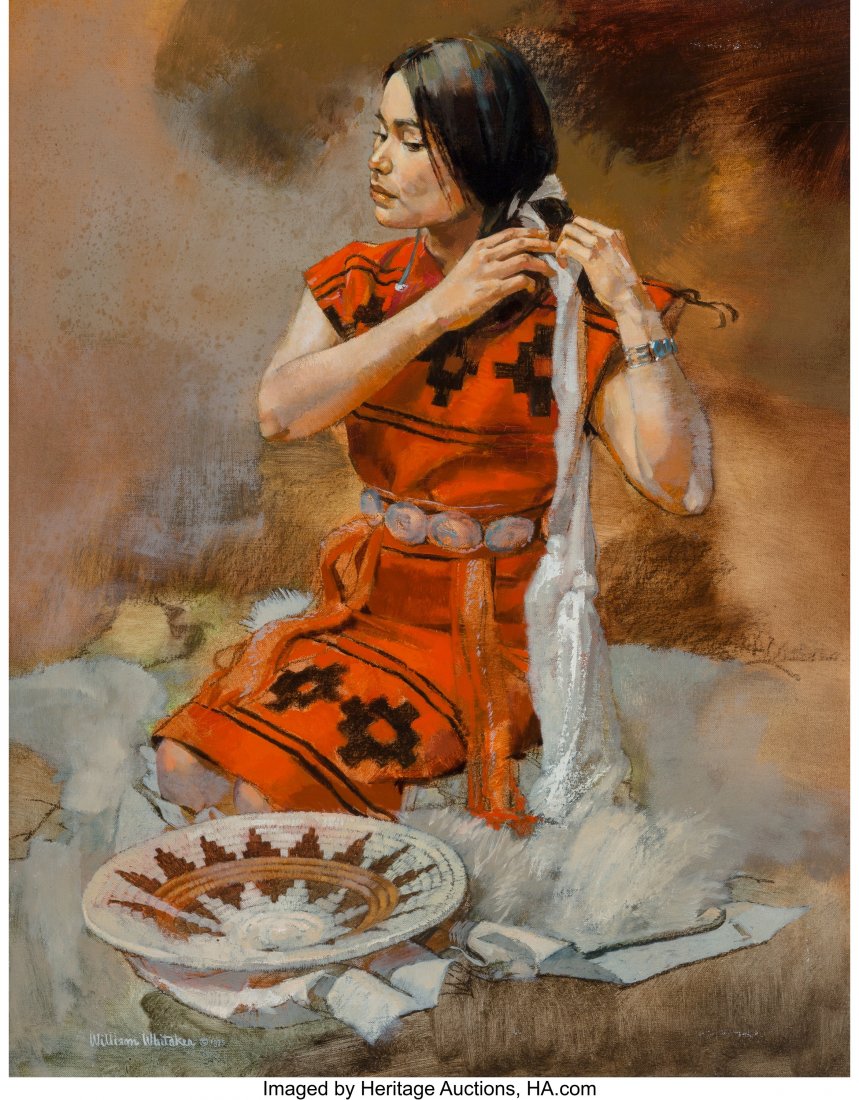 William Whitaker (American, b. 1943) Navajo Girl: William Whitaker (American, b. 1943) Navajo Girl and Basket, 1975 Oil on canvas 28 x 22 inches (71.1 x 55.9 cm) Signed and dated lower left: William Whitaker 1975 HID03101062020 © 2020 Heritage A