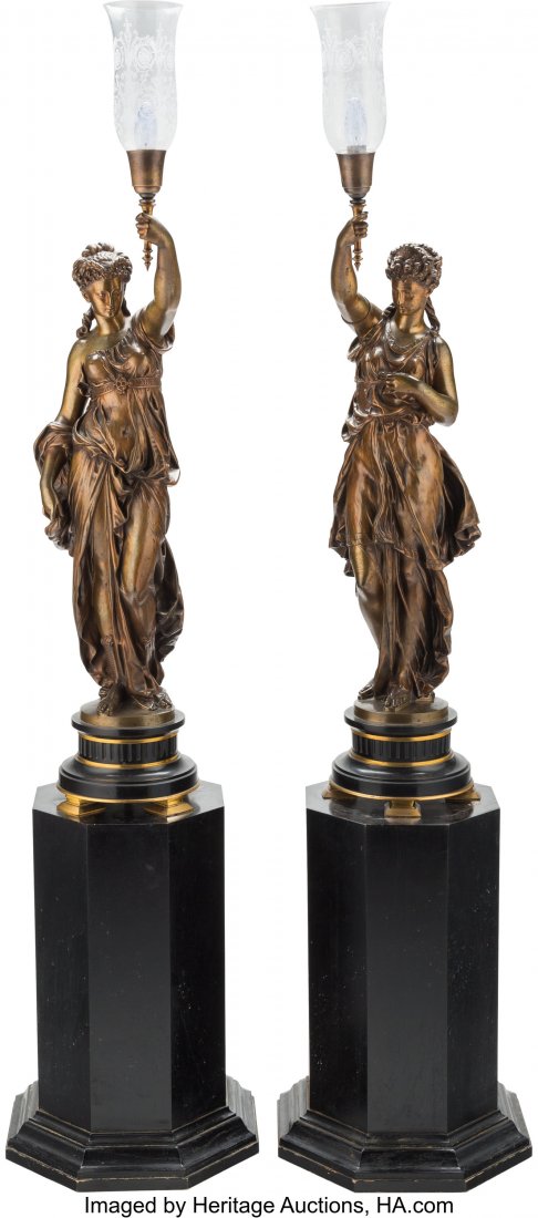 A Pair of French Patinated Bronze Torchiere Floo: A Pair of French Patinated Bronze Torchiere Floor Lamps After Mathurin Moreau, circa 1900 Marks: moreau mathu sept 68-3/8 x 15-1/2 inches (173.5 x 39.4 cm) (each) (including base) HID03101062020 ©