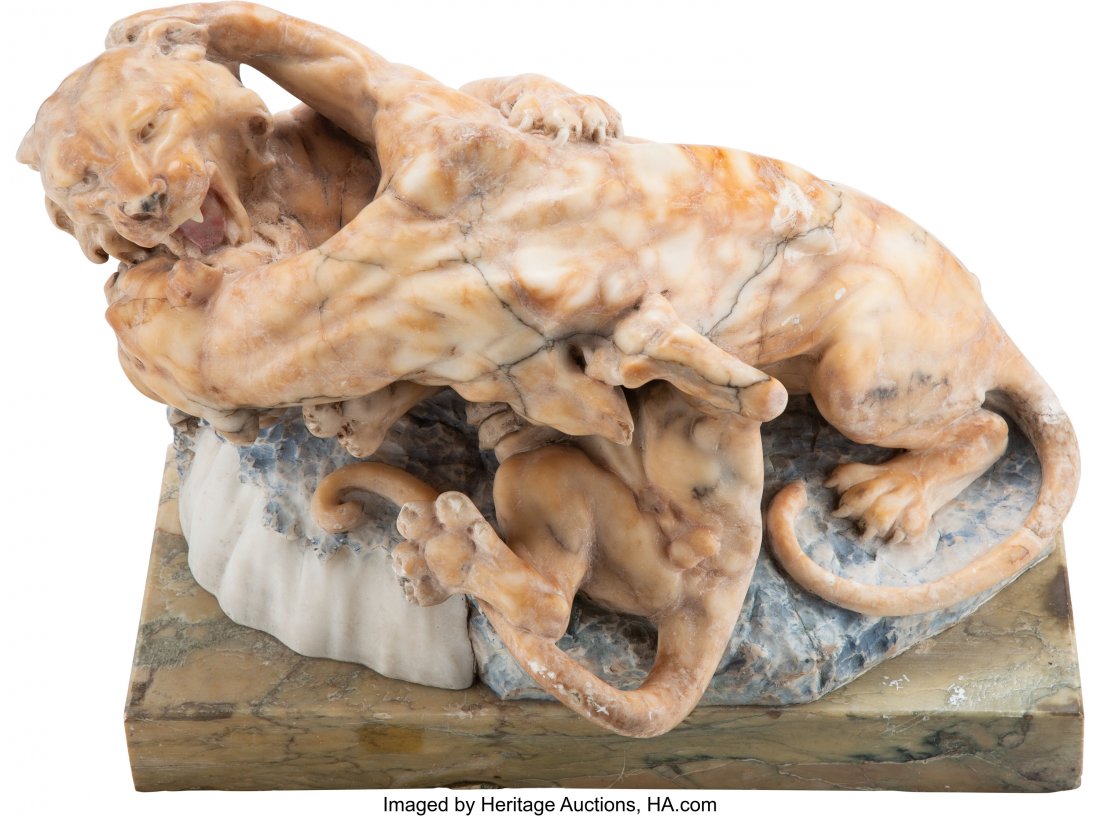 A Carved Alabaster Sculpture of Two Tigers, 20th: A Carved Alabaster Sculpture of Two Tigers, 20th century 16-1/4 x 24-7/8 x 14-1/8 inches (41.3 x 63.3 x 35.9 cm) HID03101062020 © 2020 Heritage Auctions | All Rights Reserved