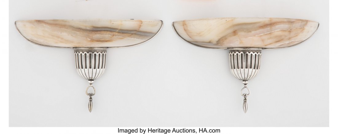 A Pair of American Agate and Silver Sconces, 20t: A Pair of American Agate and Silver Sconces, 20th century 6-3/4 x 11 x 4 inches (17.1 x 27.9 x 10.2 cm) HID03101062020 © 2020 Heritage Auctions | All Rights Reserved