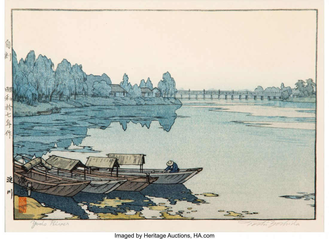 Toshi Yoshida (Japanese, 1911-1995) Three Color: Toshi Yoshida (Japanese, 1911-1995) Three Color Woodblock Prints, mid-19th century 10-1/4 x 15-1/4 inches (26.0 x 38.7 cm) (largest) 16-3/8 x 21-3/8 inches (41.6 x 54.3 cm) (frame, largest) Each signe