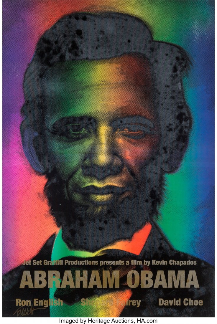 Ron English (b. 1959) Abraham Obama (Gold Letter: Ron English (b. 1959) Abraham Obama (Gold Lettering), 2009 Lenticular rainbow flip print with silkscreened gold lettering 36 x 24 inches (91.4 x 61 cm) (sheet) Edition of 157 Signed in gold ink lower 