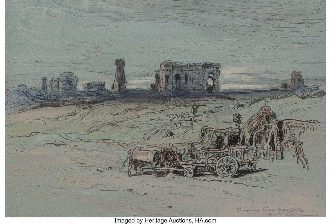 Samuel Colman (American, 1832-1920) Roman Campai: Samuel Colman (American, 1832-1920) Roman Campaign Ink and watercolor on paper 6-3/8 x 9-3/4 inches (16.2 x 24.8 cm) Signed and titled lower right: Roman Campaign / Samuel Colman PROPERTY FROM THE EST