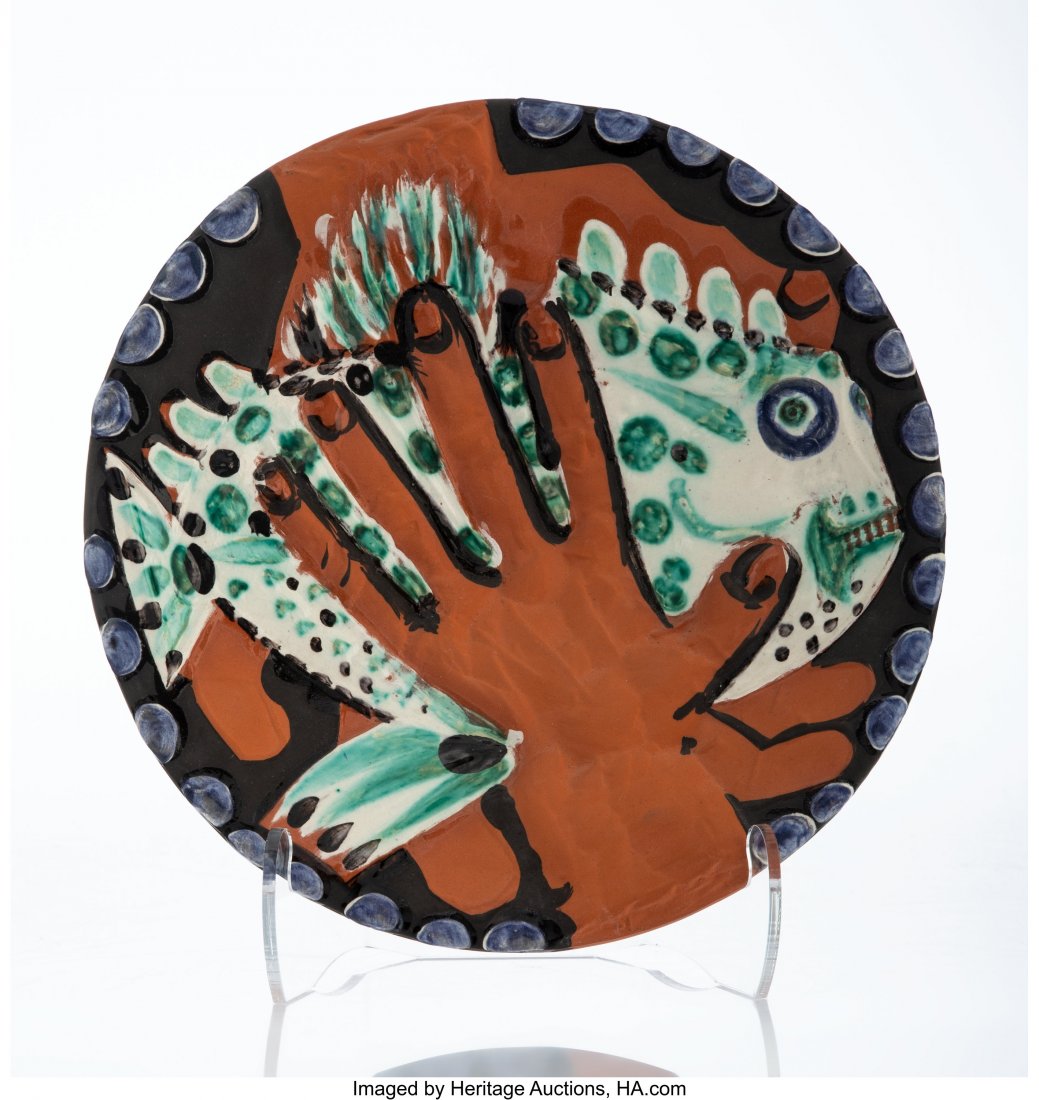 Pablo Picasso (1881-1973) Mains au poisson, 1953: Pablo Picasso (1881-1973) Mains au poisson, 1953 Red earthenware ceramic plate with engobes and deep engraving, with partial glazing 11-1/2 inches (29.2 cm) diameter Ed. 114/250 Incised with numbering