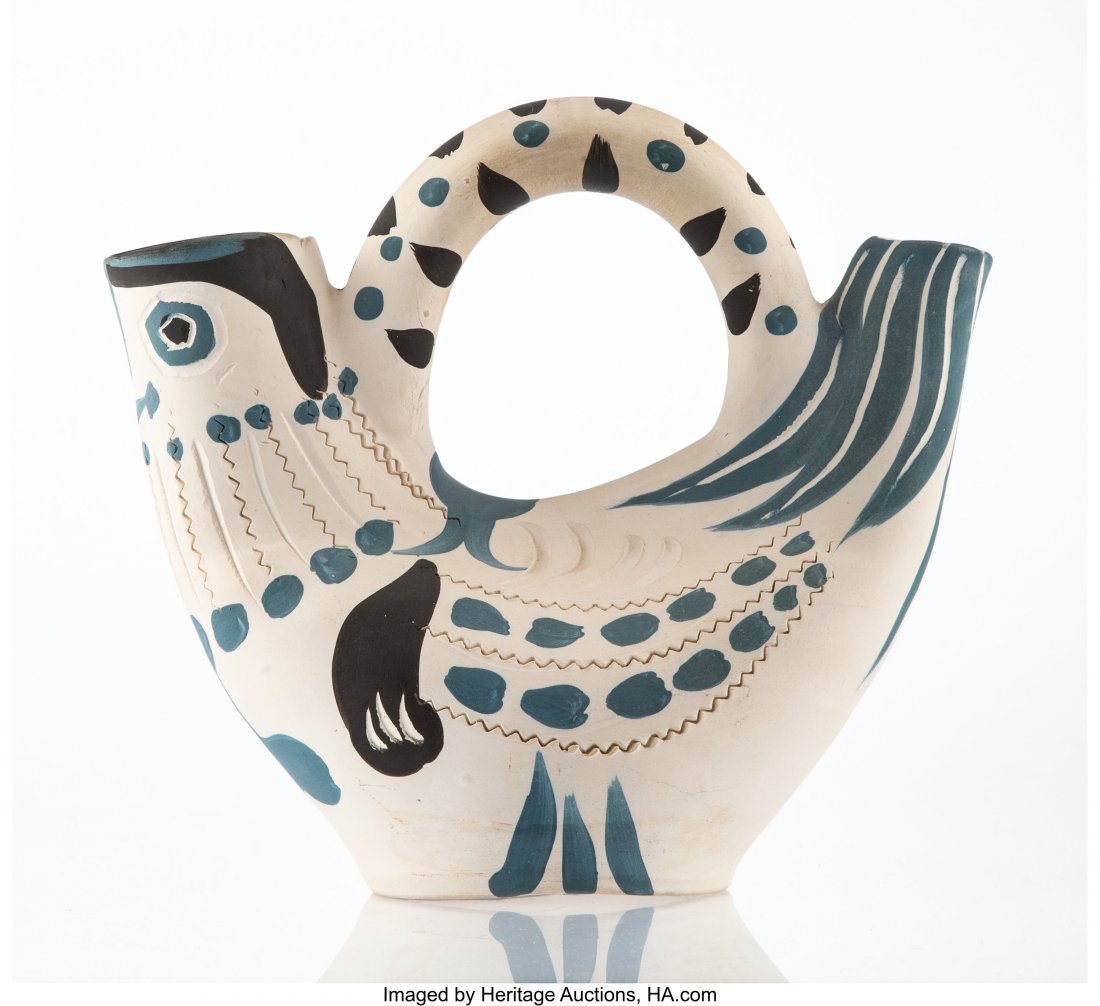 Pablo Picasso (1881-1973) Pichet espagnol en for: Pablo Picasso (1881-1973) Pichet espagnol en forme de poule, 1954 White earthenware ceramic pitcher, painted in black and blue, partially glazed 8-1/2 x 1-1/2 x 4 inches (21.6 x 3.8 x 10.2 cm) Ed. 112