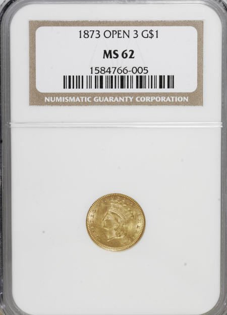 1873 G$1 Open 3 MS62 NGC. NGC Census: (595/541). 