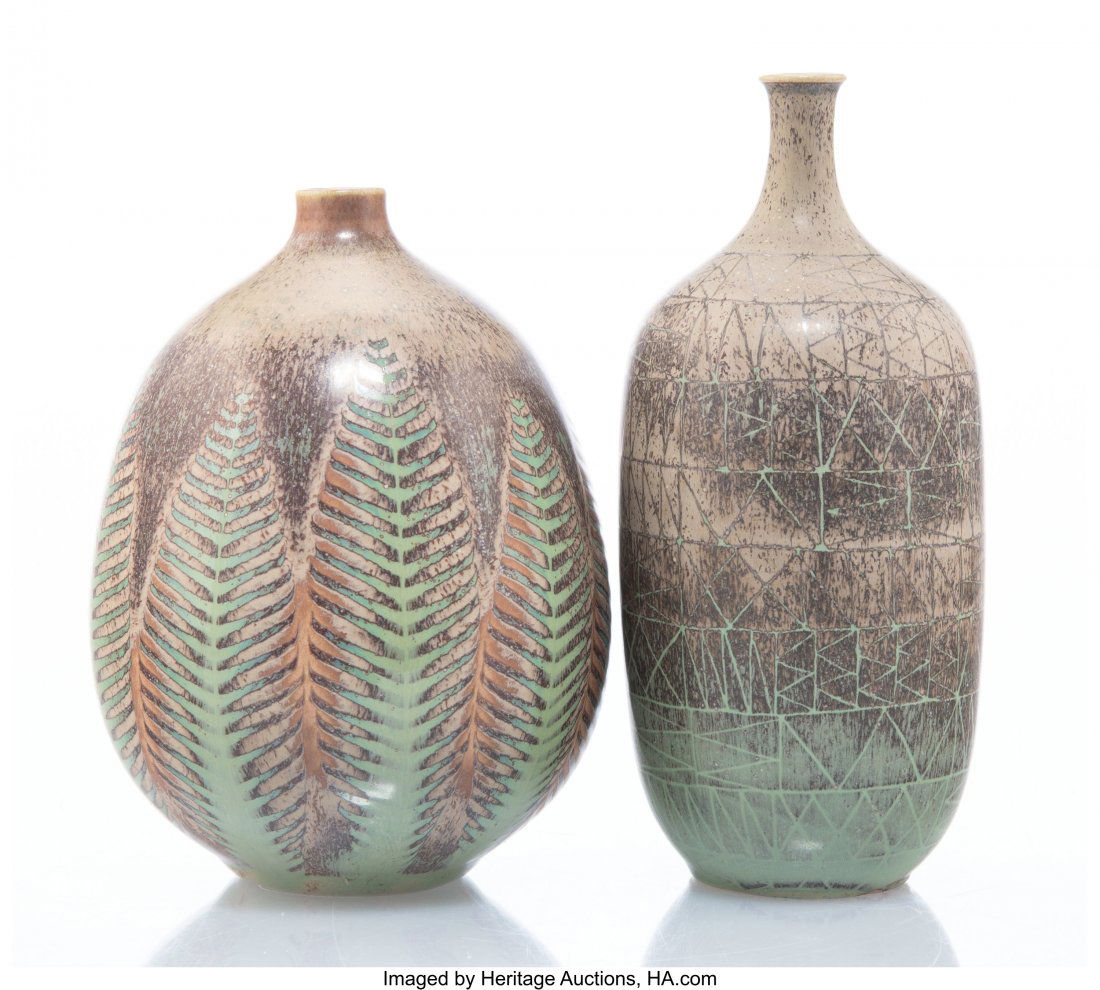 Stig Lindberg (Swedish, 1916-1982) Two Vases, ci: Stig Lindberg (Swedish, 1916-1982) Two Vases, circa 1960, Gustavsberg Glazed stoneware 6-1/4 inches (15.9 cm) (tallest) Incised to undersides Stig L, (Gustavsberg studio hand) HID03101062020 © 20