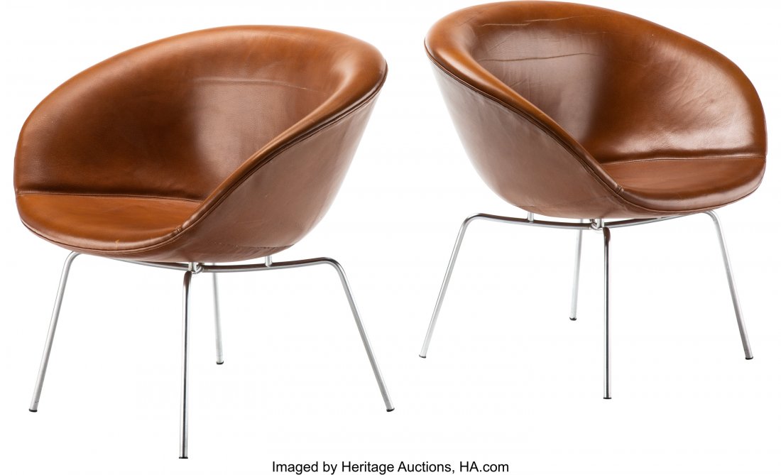 Arne Jacobsen (Danish, 1902-1971) Pair of Pot Ch: Arne Jacobsen (Danish, 1902-1971) Pair of Pot Chairs, designed 1959, produced circa 1965, Fritz Hansen Steel, leather 27-1/2 x 29-3/4 x 23-5/8 inches (69.9 x 75.6 x 59.9 cm) (each) Each with Fritz Han