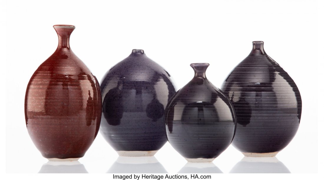 Otto Heino (American, 1915-2009) Four Vases, cir: Otto Heino (American, 1915-2009) Four Vases, circa 2005 Glazed stoneware 7-1/4 x 4 inches (18.4 x 10.2 cm) Each incised to underside OTTO+, 0X HID03101062020 © 2020 Heritage Auctions | All Rights