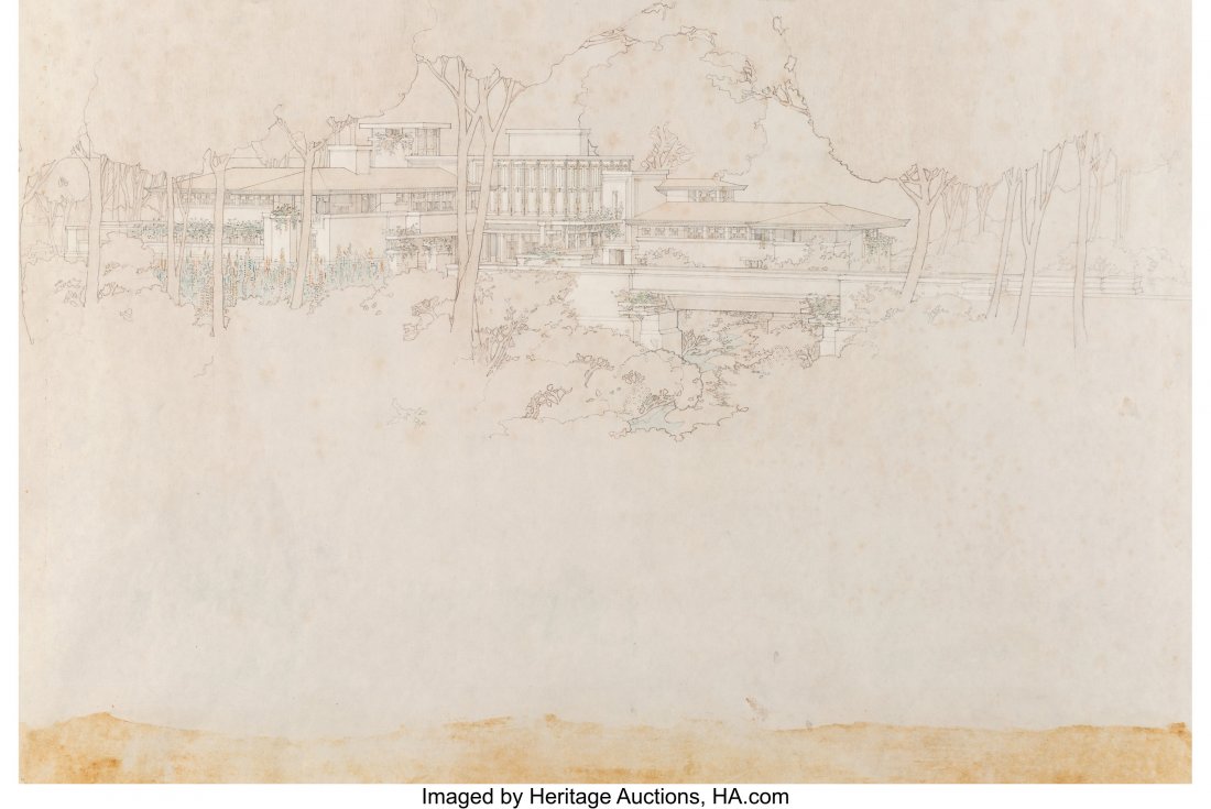 Frank Lloyd Wright (American, 1867-1959) Present: Frank Lloyd Wright (American, 1867-1959) Presentation Drawing for the Sherman Booth House, Glencoe, IL, circa 1911 Graphite and colored pencil on tracing paper 21-1/2 x 31-3/4 inches (54.6 x 80.6 cm)