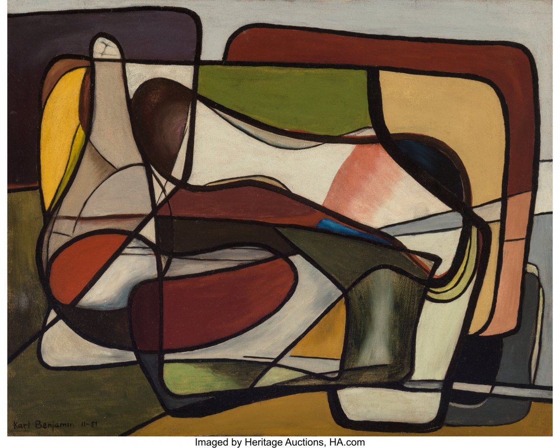 Karl Benjamin (American, 1925-2012) Untitled, 19: Karl Benjamin (American, 1925-2012) Untitled, 1951 Oil on canvas laid on board 15-7/8 x 20 inches (40.3 x 50.8 cm) Signed and dated lower left: Karl Benjamin 11-51 PROVENANCE: Private collection, Los