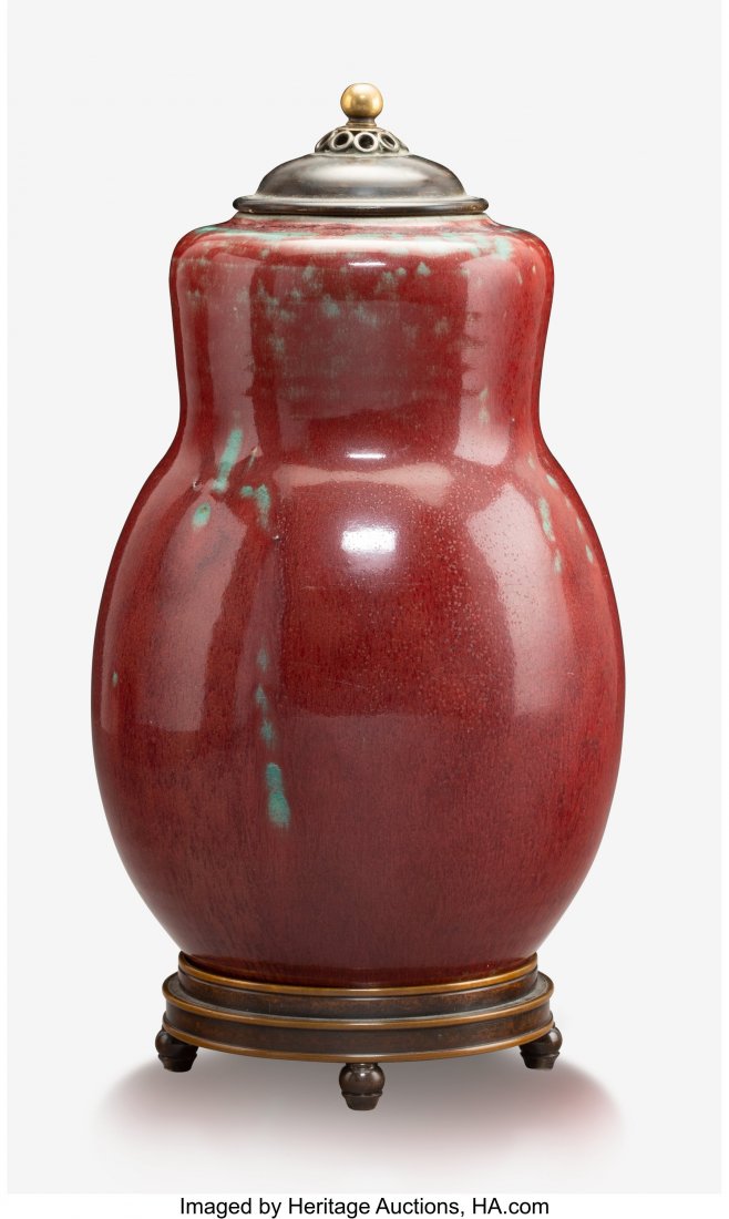 Carl Halier (German, 1873-1948) Covered Jar with: Carl Halier (German, 1873-1948) Covered Jar with Fitted Stand, circa 1930 Oxblood glazed stoneware, bronze 10-1/8 x 5-1/2 inches (25.7 x 14.0 cm) (including stand Underglazed ROYAL COPENHAGEN DENMARK,
