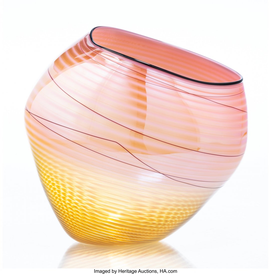 Dale Chihuly (American, b. 1941) Coral Basket wi: Dale Chihuly (American, b. 1941) Coral Basket with Golden Lip Wrap, 1998, Portland Press Blown glass with acrylic display case 8-1/4 inches (21.0 cm) Incised to underside Chihuly PP98 PROVENANCE: The 