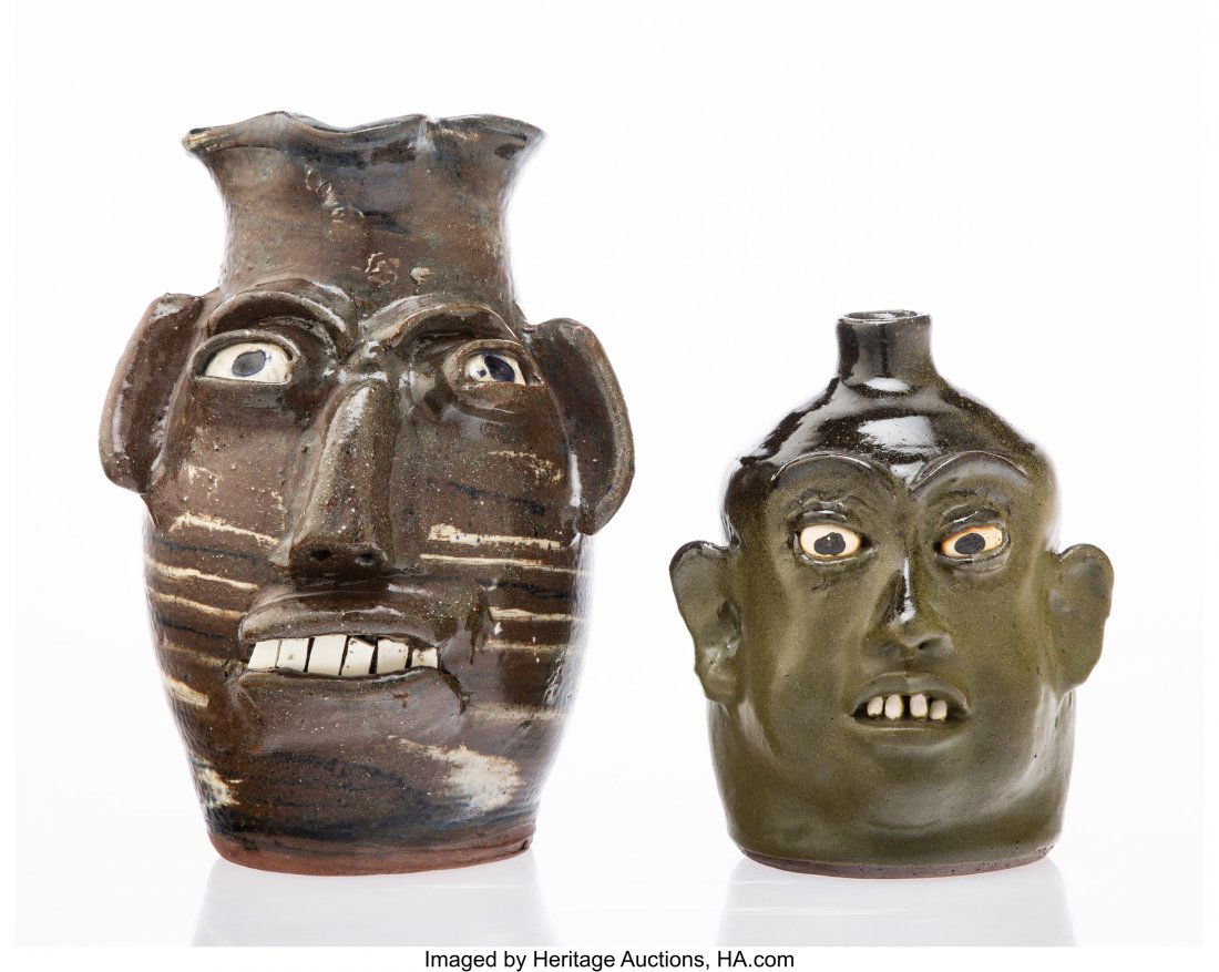 Lanier Meaders (American, 1917-1998) and Burlon: Lanier Meaders (American, 1917-1998) and Burlon Craig (American, 1914-2002) Two Face Jugs Glazed stoneware 11-1/2 x 10 inches (29.2 x 25.4 cm) (tallest jug, Burlon Craig) Signed to underside of smalle