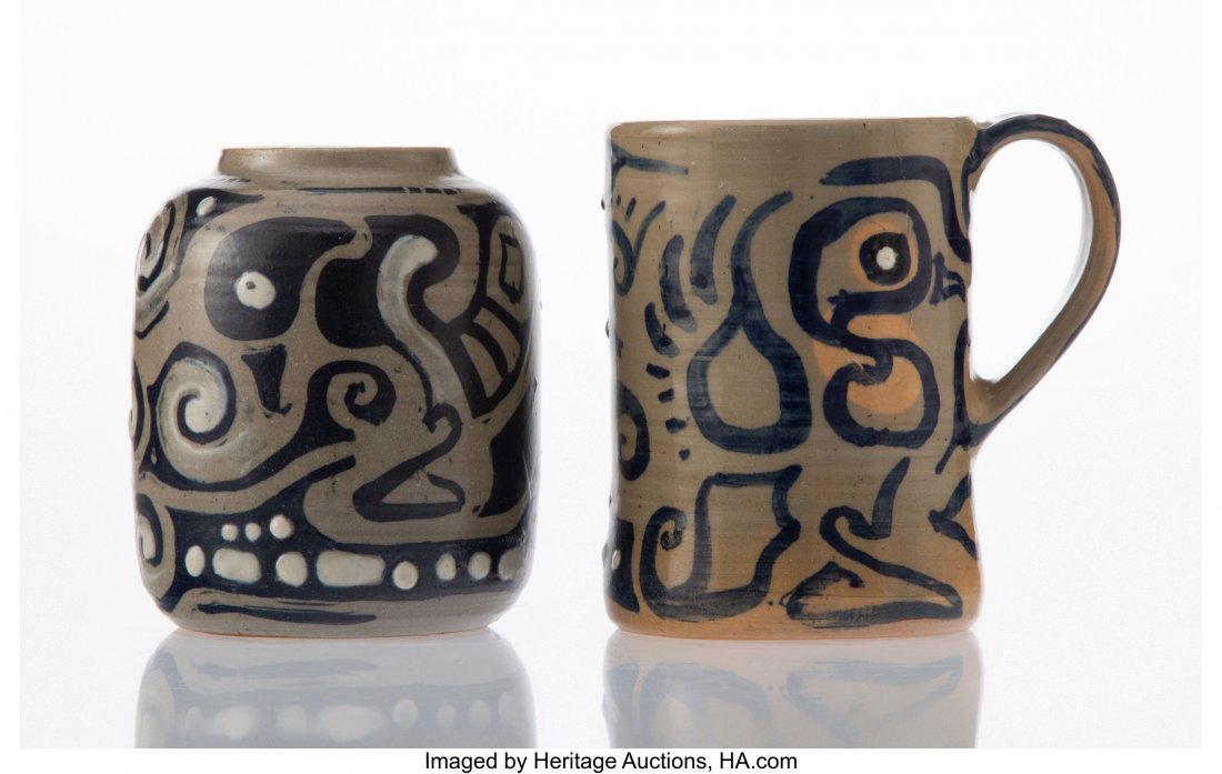 Walter Inglis Anderson (American, 1903-1965) and: Walter Inglis Anderson (American, 1903-1965) and Peter Anderson (1901-1984) Ducks Mug and Vase, mid 20th century, Shearwater Pottery Painted earthenware, glaze 4-1/2 inches (11.4 cm) (tallest, mug) PR