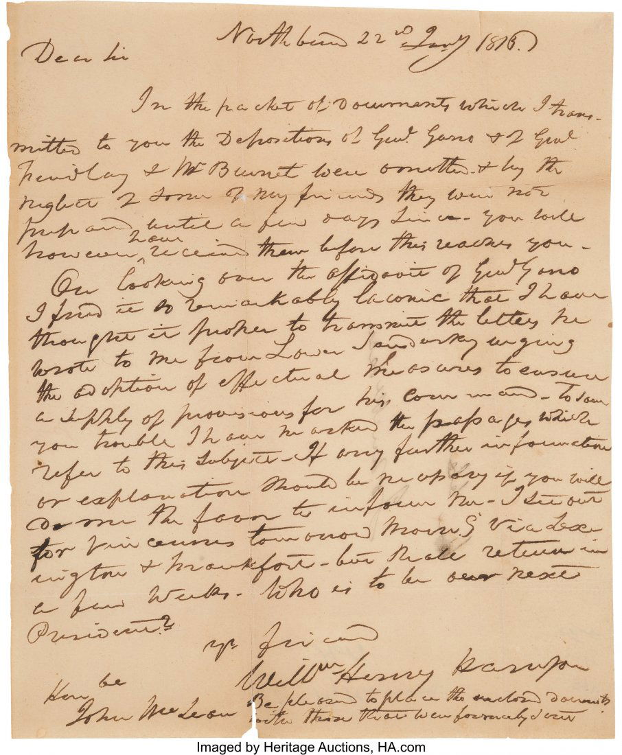 William Henry Harrison Autograph Letter Signed ": William Henry Harrison Autograph Letter Signed "Willm. Henry Harrison." One page, 7.75" x 9.5", North Bend, [Ohio]; January 22, 1815. A letter to John McLean (1785-1861), jurist and politician from Oh