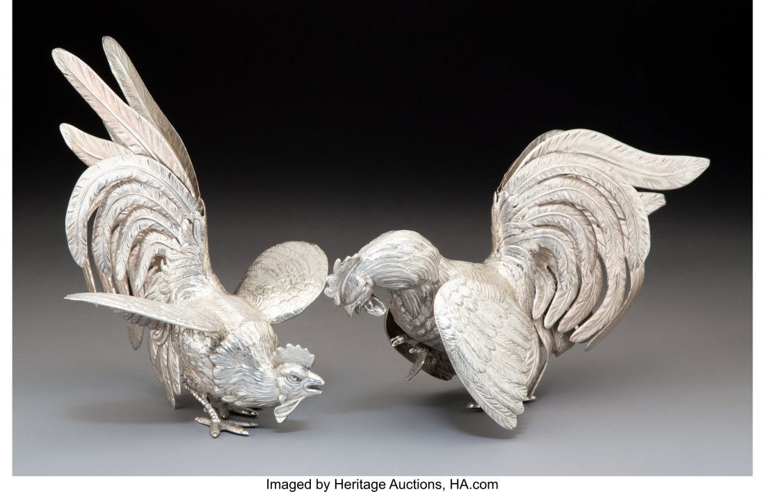 A Pair of Camusso Silver Fighting Roosters, Lima (1 of 3)
