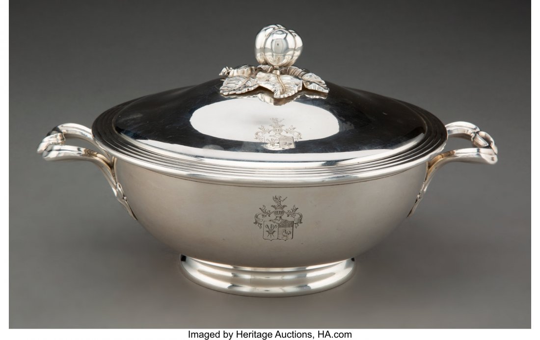 A Alphonse Debain Silver Covered Entrée D: A Alphonse Debain Silver Covered Entrée Dish, Paris, circa 1900 Marks: (Minerva), (two men in a rowboat, DEBAIN) 6-1/4 x 10-1/2 x 8-1/4 inches (15.9 x 26.7 x 21.0 cm) 25.34 troy ounces The entree dis