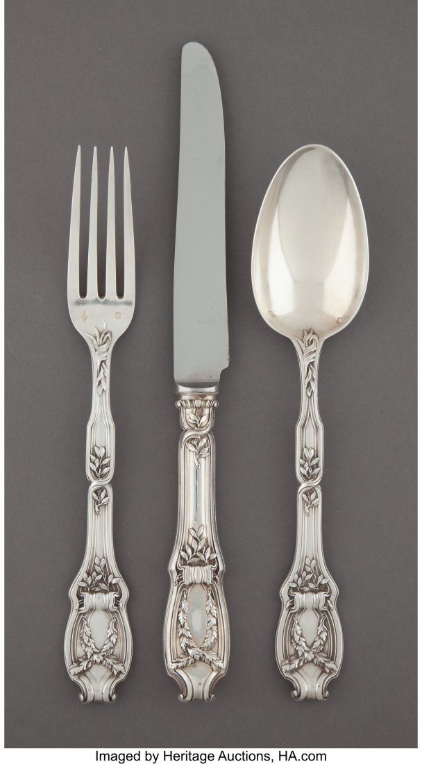 A Thirty-Six-Piece Alphonse Debain Silver Flatwa: A Thirty-Six-Piece Alphonse Debain Silver Flatware Service for Twelve, Paris, circa 1900 Marks: (Minerva), (A-woodcock-D) 10-1/4 inches (26.0 cm) (longest) 76.56 troy ounces (weighable) The flatware s