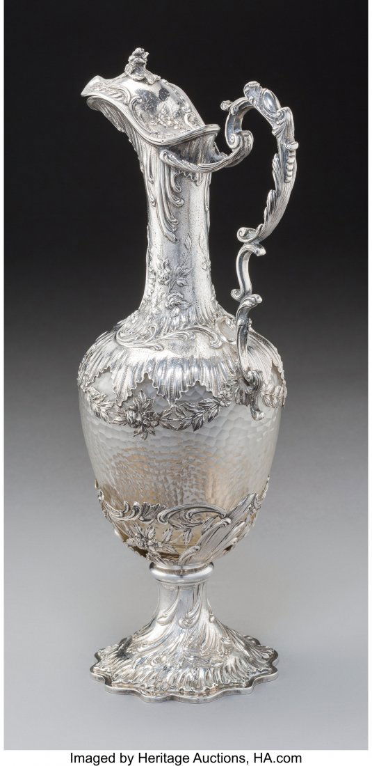 A French Silver Mounted Carved Glass Claret Jug, (1 of 3)
