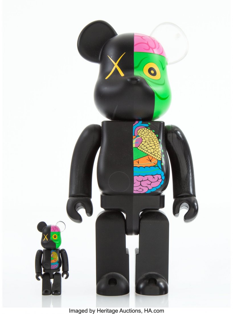 KAWS X BE@RBRICK Dissected Companion 400% and 10: KAWS X BE@RBRICK Dissected Companion 400% and 100% (Black) (two works), 2010 Painted cast vinyl 10-3/4 x 5 x 3-1/2 inches (27.3 x 12.7 x 8.9 cm) (400%) 2-3/4 x 1-1/4 x 3/4 inches (7 x 3.2 x 1.9 cm) (1