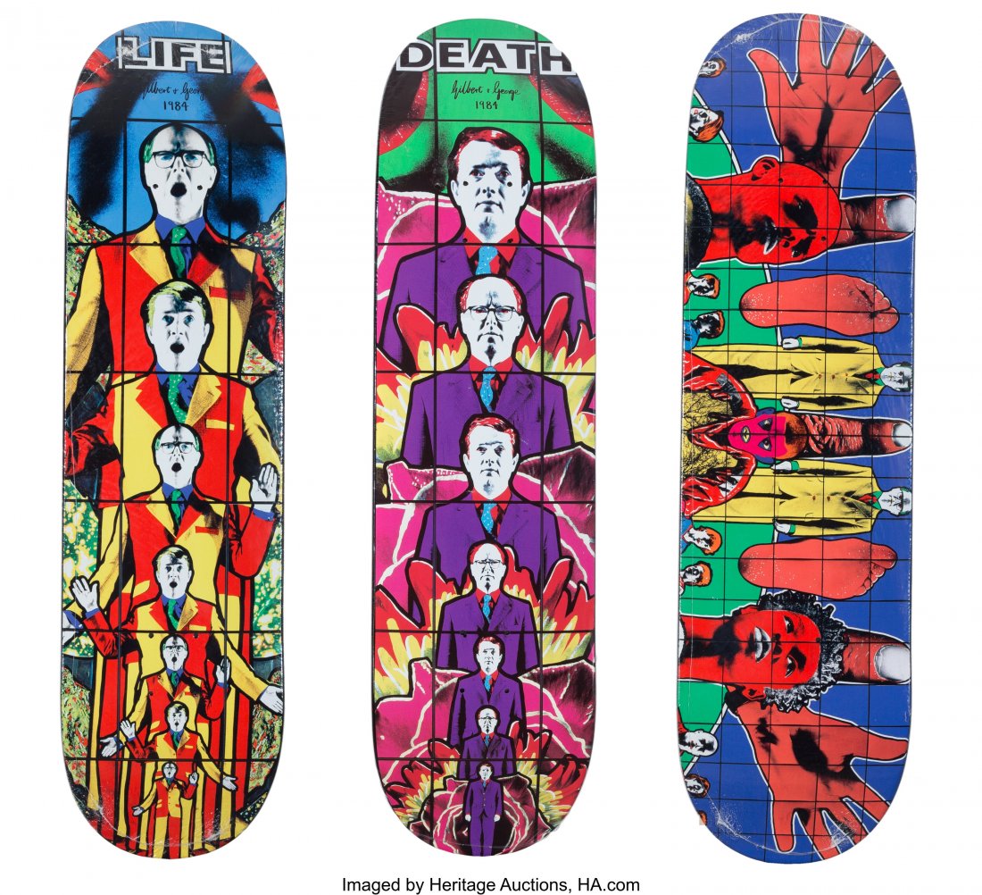 Supreme X Gilbert & George 1984 Pictures, set of: Supreme X Gilbert & George 1984 Pictures, set of three, 2019 Screenprints in colors on skate decks 32 x 8 inches (81.3 x 20.3 cm) (each) Produced by Supreme, New York HID03101062020 © 2020 He