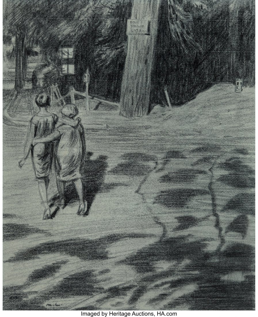 Martin Lewis (American, 1881-1962) Suburban Even: Martin Lewis (American, 1881-1962) Suburban Evening, 1925 Charcoal on paper 12-1/2 x 9-1/2 inches (31.8 x 24.1 cm) Initialed lower left: M.L. PROPERTY OF A DISTINGUISHED COLLECTOR, DALLAS, TEXAS PROVE