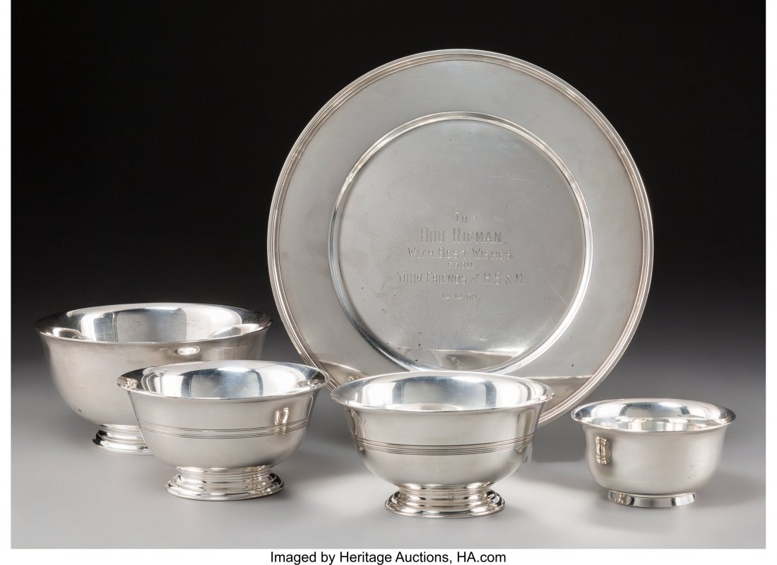 Four Tiffany & Co. Revere Pattern Silver Bowls w: Four Tiffany & Co. Revere Pattern Silver Bowls with a Tiffany & Co. Silver Plate, New York, 20th century Marks: TIFFANY & CO, MAKERS, STERLING SILVER, (various) 3-1/2 x 6-7/8 inches (8.9 x
