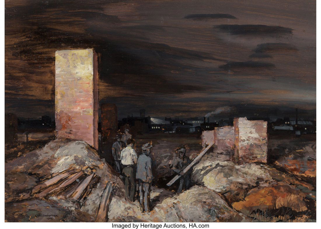 Carl Frederick Gaertner (American, 1898-1952) Sp: Carl Frederick Gaertner (American, 1898-1952) Spectators, 1943 Gouache on board 15 x 21 inches (38.1 x 53.3 cm) Signed and dated lower left: Carl Gaertner / 1943 Titled and dated on the reverse: Spect