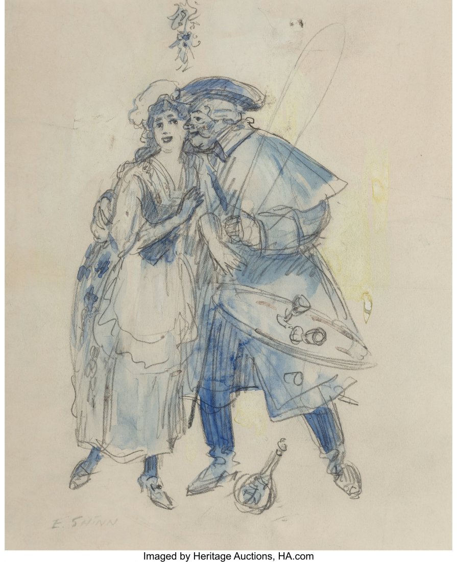 Everett Shinn (American, 1876-1953) Under the Mi: Everett Shinn (American, 1876-1953) Under the Mistletoe Pencil and ink wash on paper 10 x 8 inches (25.4 x 20.3 cm) (sheet) Signed lower left: E. Shinn PROPERTY OF A DISTINGUISHED COLLECTOR, DALLAS, T