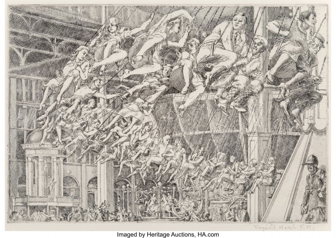 Reginald Marsh (American, 1898-1954) Steeplechas: Reginald Marsh (American, 1898-1954) Steeplechase Swings, 1935 Etching on paper 9 x 13 inches (22.9 x 33.0 cm) (image) Signed by the artist's wife in pencil lower right PROPERTY OF A DISTINGUISHED COL