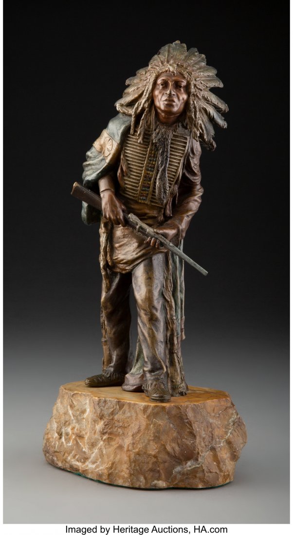After Carl Kauba (Austrian, 1865-1922) Indian Ch: After Carl Kauba (Austrian, 1865-1922) Indian Chief with a Rifle Bronze with polychrome 9-1/4 inches (23.5 cm) high on a 2 inch (5.1 cm) high granite base Inscribed: C. Kauba HID03101062020 © 202