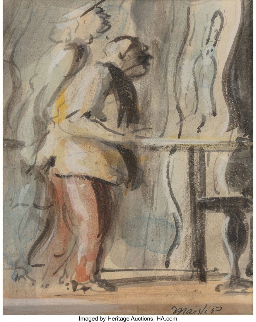 Reginald Marsh (American, 1898-1954) Looking int: Reginald Marsh (American, 1898-1954) Looking into Funhouse Mirror, 1950 Tempera on paper 4-3/4 x 3-3/4 inches (12.1 x 9.5 cm) (sight) Signed and dated lower right: Marsh 50 PROPERTY OF A DISTINGUISHED