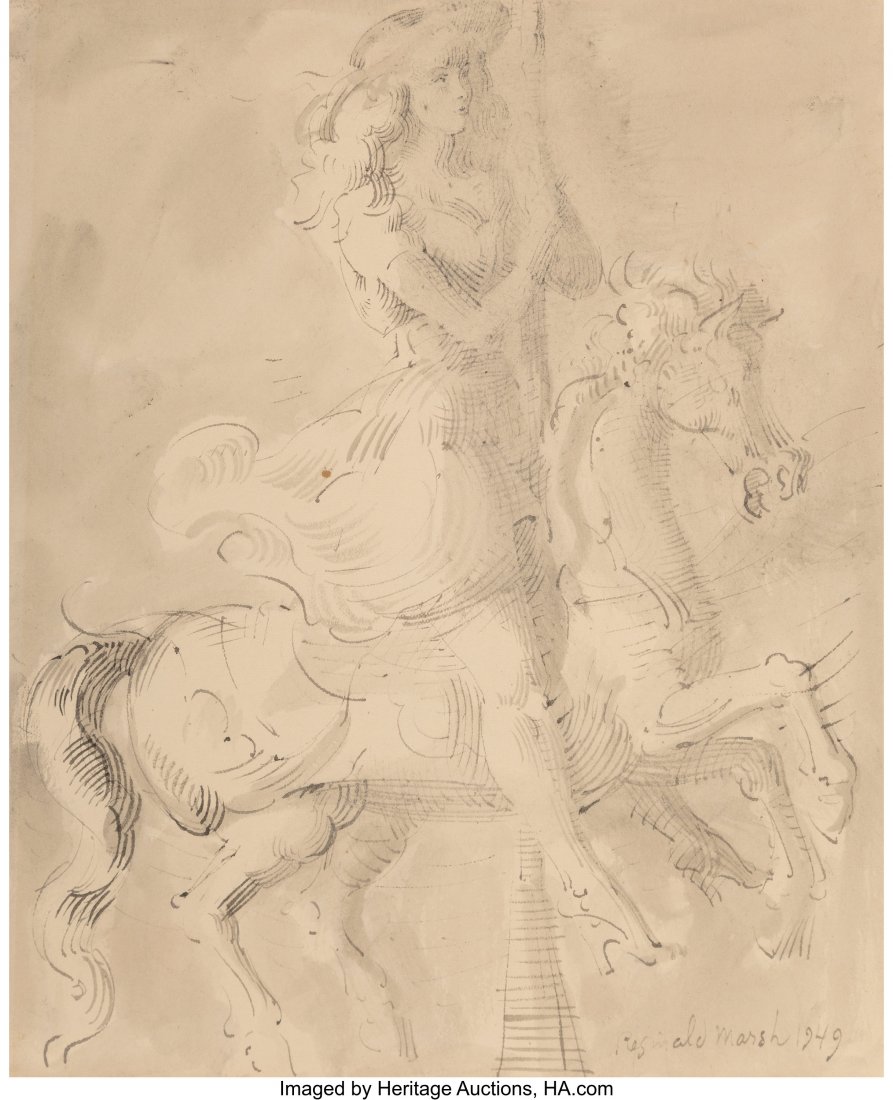 Reginald Marsh (American, 1898-1954) Girl on Car: Reginald Marsh (American, 1898-1954) Girl on Carousel Horse, 1949 Ink and ink wash 10 x 8 inches (25.4 x 20.3 cm) (sight) Signed and dated lower right: Reginald Marsh 1949 PROPERTY OF A DISTINGUISHED