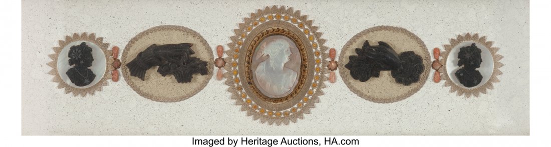A Group of Five Victorian Vulcanite and Mother o: A Group of Five Victorian Vulcanite and Mother of Pearl Brooches Mounted in Shadow Box, Great Britain, 19th century, mounting later 2 x 1-3/4 inches (5.1 x 4.4 cm) (largest, center brooch) HID03101062