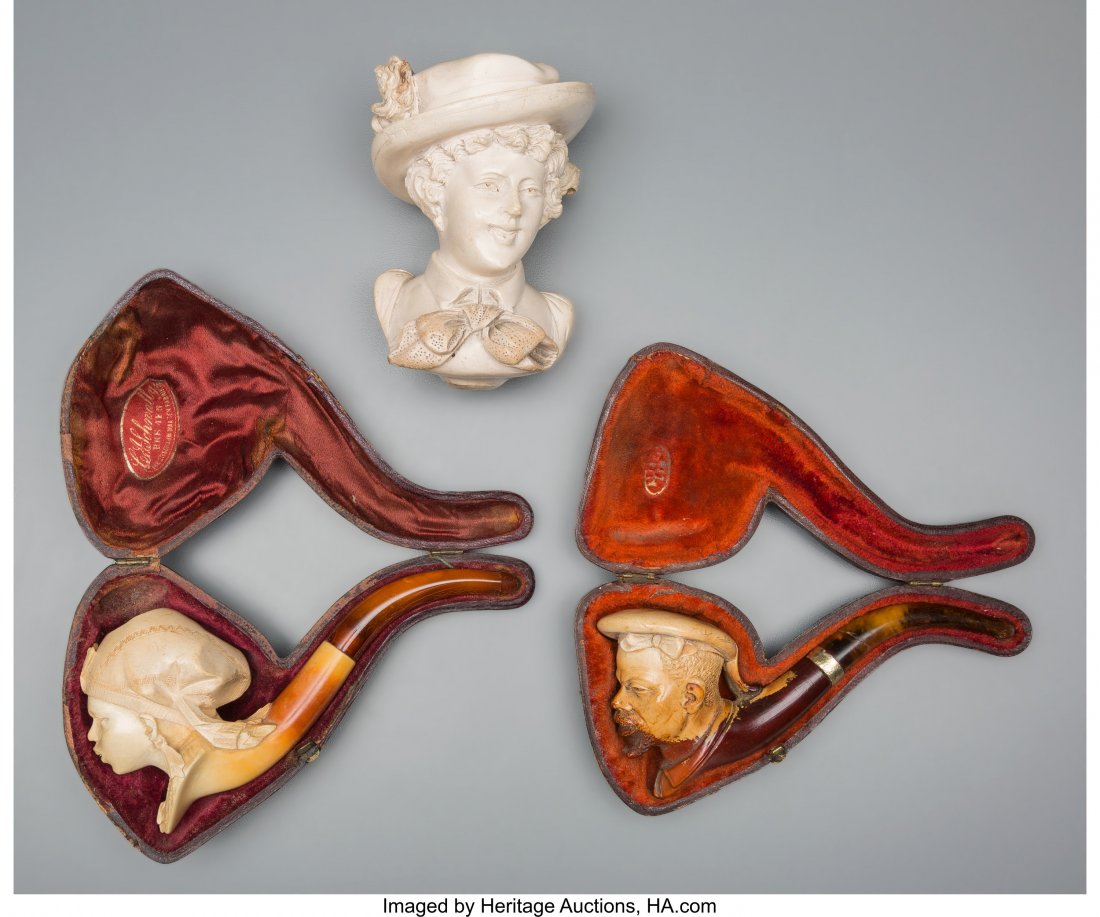 Three Meerschaum Figural Pipes: Moorish Man and : Three Meerschaum Figural Pipes: Moorish Man and Woman, English Lady 4-1/4 inches high x 3-3/8 inches wide (10.8 x 8.6 cm) (largest bowl, English lady) HID03101062020 © 2020 Heritage Auctions | Al