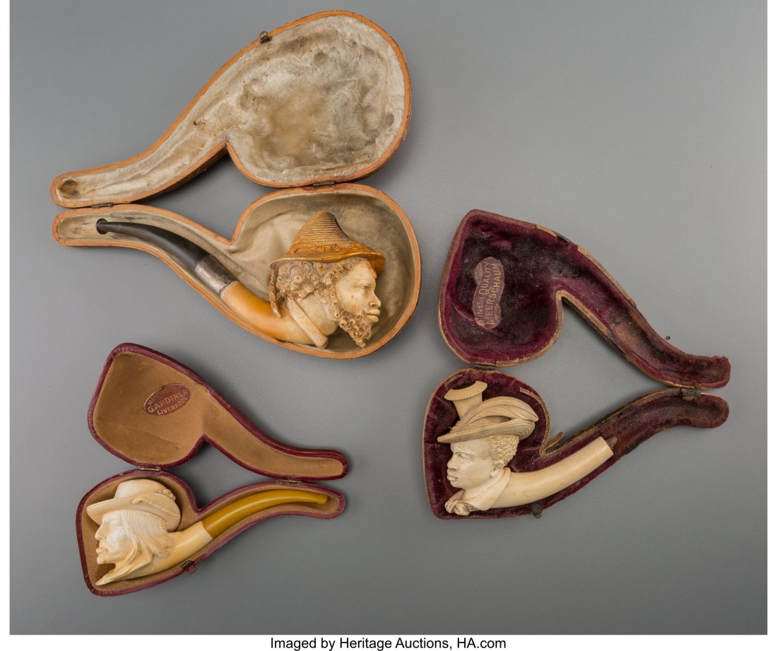 Three Cased Meerschaum Male Bust-Form Pipes, lat: Three Cased Meerschaum Male Bust-Form Pipes, late 19th century 6-1/4 inches long (15.9 cm) The group including two pipes in the form of Moorish gentlemen, and one of a Native American man. HID03101062