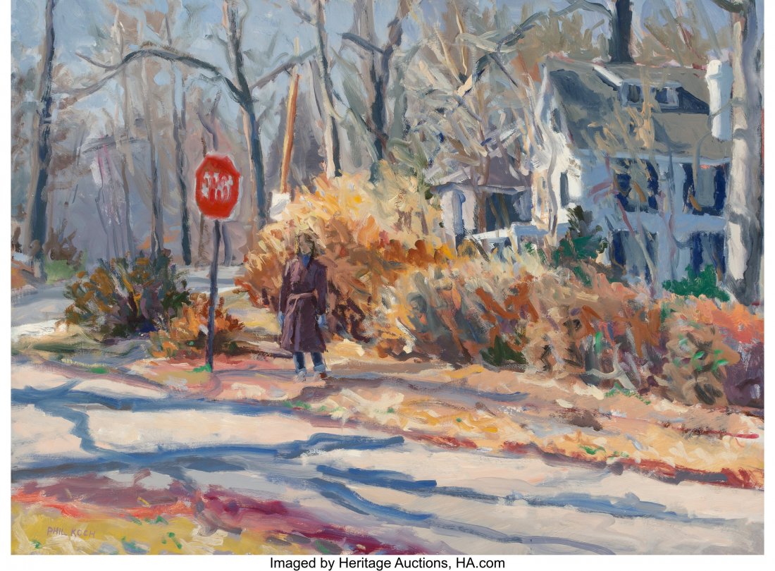 Philip Koch (American, b. 1948) Woman at the Sto: Philip Koch (American, b. 1948) Woman at the Stop Sign Oil on Masonite 20-1/2 x 27-3/8 inches (52.1 x 69.5 cm) Signed lower left: Phil Koch Signed and titled on the backing paper: Woman at the / Stop