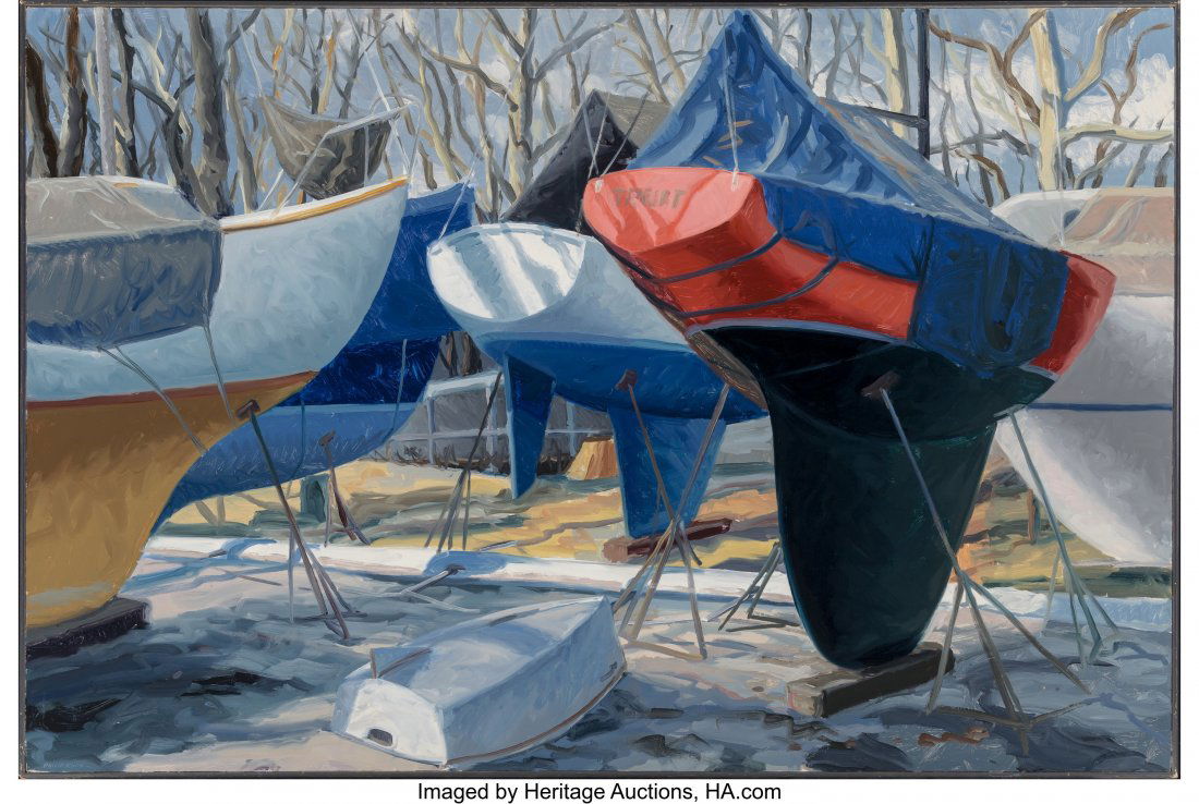 Philip Koch (American, b. 1948) Keelboats, 1984: Philip Koch (American, b. 1948) Keelboats, 1984 Oil on canvas 37 x 55 inches (94.0 x 139.7 cm) Signed, dated, and titled to the reverse: Keelboats / 1984 / Philip Koch PROVENANCE: Meredith Long &