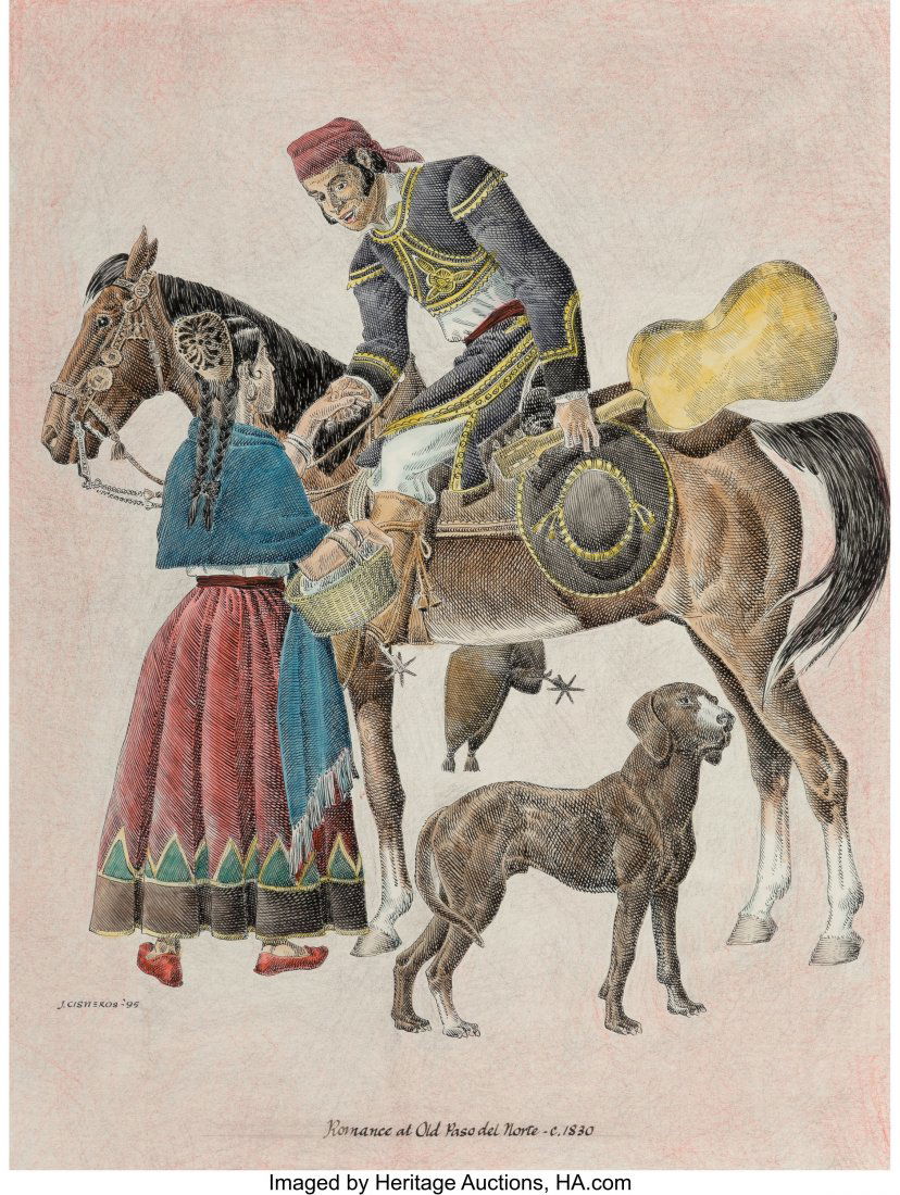 Jose Cisneros (Mexican/American, 1910-2009) Roma: Jose Cisneros (Mexican/American, 1910-2009) Romance at Old Paso del Norte, 1995 Ink, watercolor, and crayon on paper 19 x 14-1/2 inches (48.3 x 36.8 cm) (sight) Signed and dated lower left: J. Cisnero