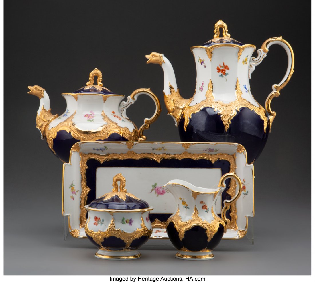 A Five-Piece Meissen Porcelain Tea Service, Meis: A Five-Piece Meissen Porcelain Tea Service, Meissen, Germany, post-1934 Marks to dish: (crossed swords in underglaze blue with two slashes) 10-1/2 inches (26.7 cm) (coffee pot) The service comprising: