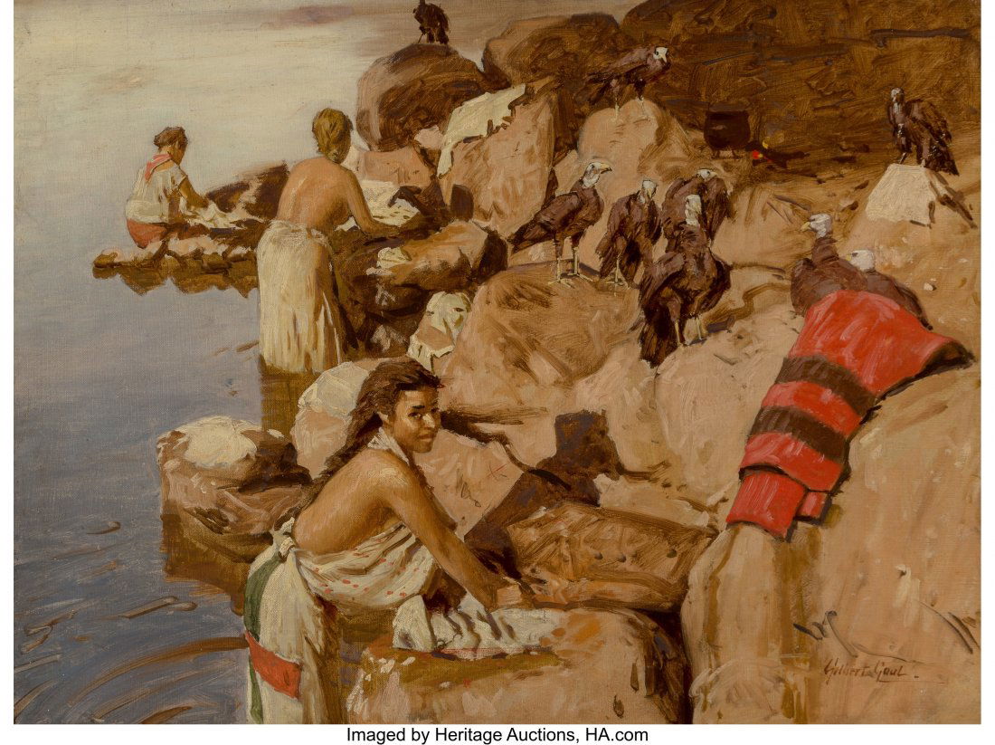 Gilbert Gaul (American, 1855-1919) Washerwomen O: Gilbert Gaul (American, 1855-1919) Washerwomen Oil on canvas laid on board 17-3/4 x 23-3/4 inches (45.1 x 60.3 cm) Signed lower right: Gilbert Gaul. PROPERTY FROM THE BRADBERRY FAMILY CHARITABLE FOUND