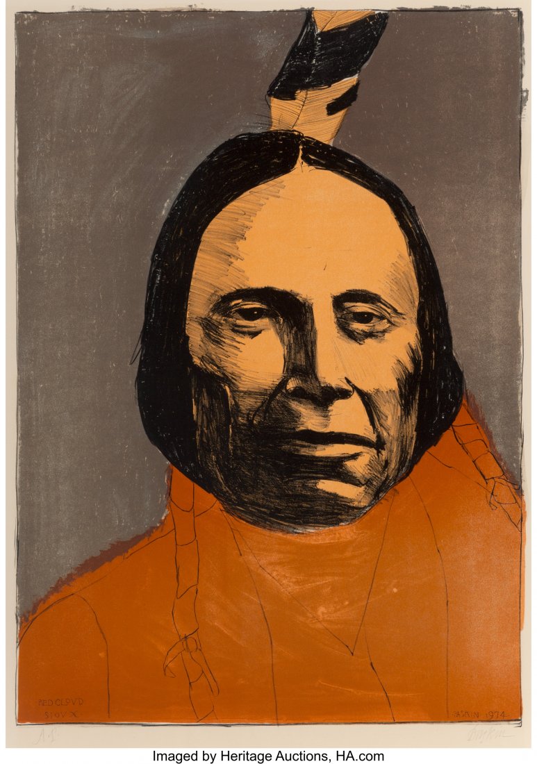 Leonard Baskin (American, 1922-2000) Red Cloud,: Leonard Baskin (American, 1922-2000) Red Cloud, Sioux, 1974 Offset lithograph in colors on paper 34 x 24 inches (86.4 x 61.0 cm) (image) Ed. AP Signed and numbered in pencil along lower edge Framed un