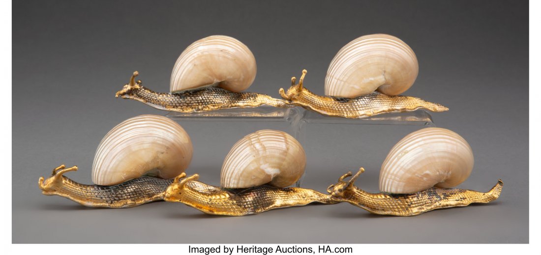 A Set of Five WMF Gilt Metal and Natural Shell T: A Set of Five WMF Gilt Metal and Natural Shell Table Ornaments, Geislingen, Germany, 20th century Marks to each: WMF, (various marks) 1-3/4 x 1-3/4 x 5 inches (4.4 x 4.4 x 12.7 cm) (each) HID031010620