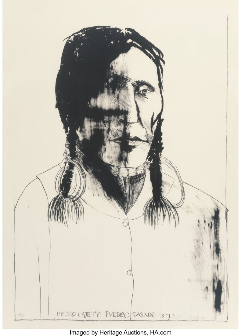 Leonard Baskin (American, 1922-2000) Pedro Cajet: Leonard Baskin (American, 1922-2000) Pedro Cajete Pueblo, 1972 Lithograph on paper 31-1/2 x 22 inches (80.0 x 55.9 cm) (image) Ed: 30/160 Signed and numbered in pencil along lower edge HID03101062020
