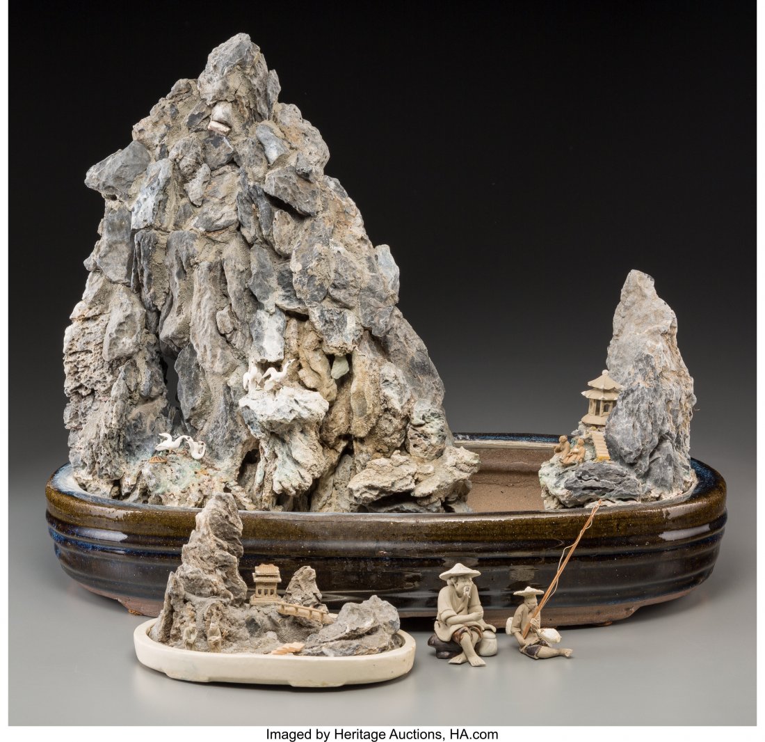 A Chinese Earthenware and Scholar's Rock Figural: A Chinese Earthenware and Scholar's Rock Figural Group 14-3/4 h x 17-1/2 w x 9-1/4 d inches (37.5 x 44.5 x 23.5 cm) (largest) HID03101062020 © 2020 Heritage Auctions | All Rights Reserved