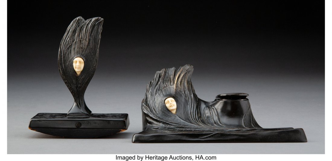 A Peter Tereszczuk Bronze, Glass, and Wood Inkst: A Peter Tereszczuk Bronze, Glass, and Wood Inkstand and Blotter, early 20th century Marks: P. Tereszczuk 2-3/4 x 6-3/4 x 3-1/2 inches (7.0 x 17.1 x 8.9 cm) (inkstand) HID03101062020 © 2020 Herita