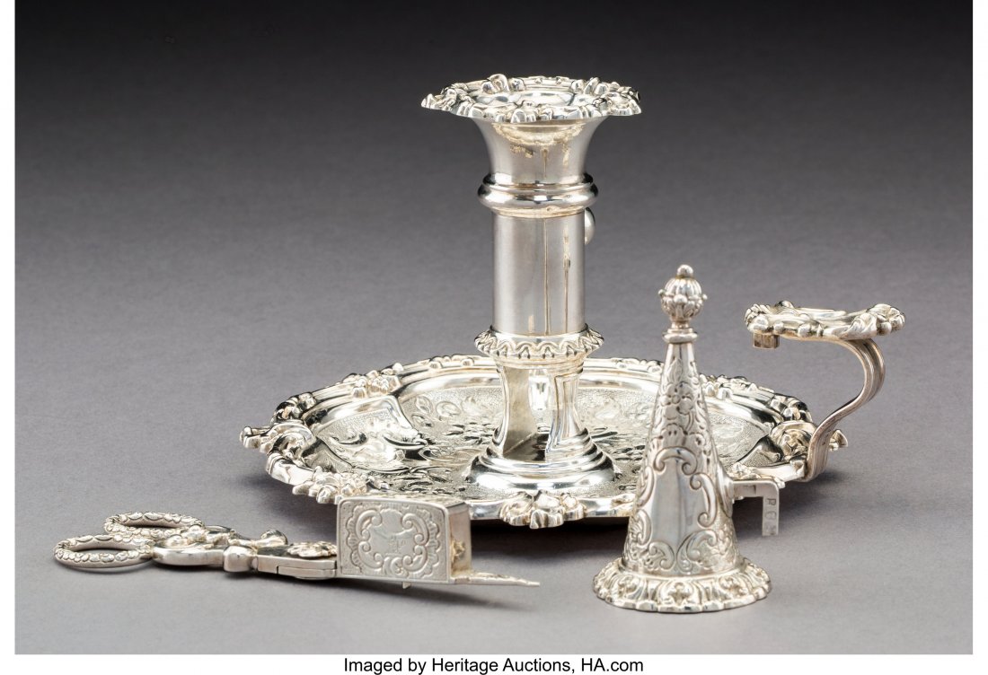 An S.C. Younge & Co. Silver Chamber Stick and Sn: An S.C. Younge & Co. Silver Chamber Stick and Snuffer with George McHattie Silver Wick Trimmers, Sheffield, England, Edinburgh, Scotland, 1824 Marks to chamber stick: (lion passant), (crowned a), 